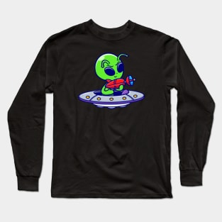 Cute Alien Holding Gun On UFO Spaceship Cartoon Long Sleeve T-Shirt